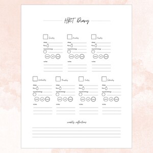 HRT Diary - track perimenopause menopause symptoms during your hormone replacement therapy (HRT) journey with this digital weekly tracker planner journal printable. Note daily sleep, flow, mood/energy, patch pill and cream use along with general notes and weekly reflections. 8.5 x 11 inch printable file.