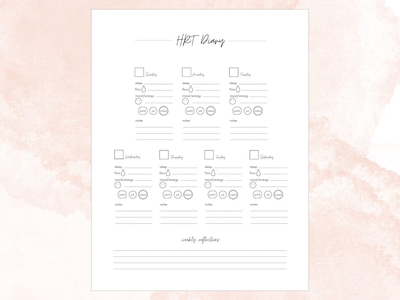 HRT Diary - track perimenopause menopause symptoms during your hormone replacement therapy (HRT) journey with this digital weekly tracker planner journal printable. Note daily sleep, flow, mood/energy, patch pill and cream use along with general notes and weekly reflections. 8.5 x 11 inch printable file.