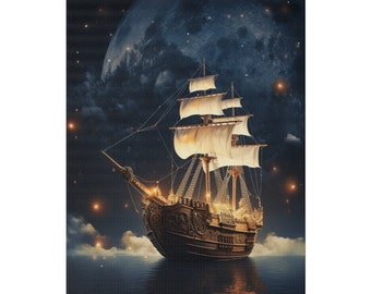 Pirate Ship and The Moon Canvas Art, Fantasy Wall Art, Pirate Wall Art, Gift For Him,
