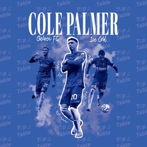 May include: A blue and white graphic with the text "COLE PALMER" in white, "Chelsea FC" in blue, and "Ice Cold" in blue. The graphic features a photo of a football player wearing a blue jersey with the number 20 on it. The player is standing with his arms crossed. The background is a blue and white pattern.
