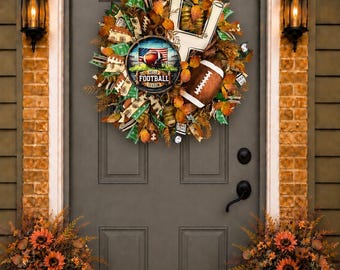 Football Fall Wreath, Hello Football Season Door Wreath, Autumn Front Door Decor, Football Fan Gift, Game Day Porch Decor