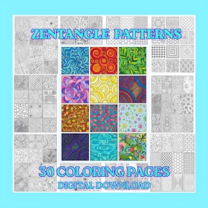 May include: A collection of Zentangle patterns featuring 30 coloring pages as a digital download. The image displays a grid of black and white line art designs surrounding a central block of twelve colorful, intricate, hand-drawn patterns.