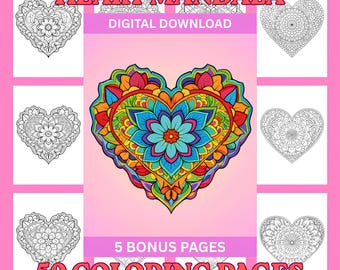 Op de afbeelding: Een digitale download met de titel "Heart Mandala" met een levendig, veelkleurig hartvormig mandala-ontwerp. De afbeelding bevat 50 kleurplaten en 5 bonuspagina's, met extra hartmandala-ontwerpen in zwart en wit.