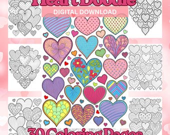 Heart Doodle Coloring Pages - 30 Heart Coloring Sheets for Kids and Adults, Heart Doodle Art, Valentines Doodles, Valentines Activity