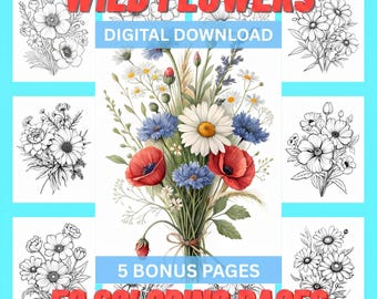 Wild Flowers Coloring Pages | 50 Printable Botanical Sheets for Adults | Instant PDF Download