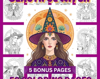 Könnte beinhalten: Ein digitales Malbuch-Cover mit dem Titel BEAUTIFUL WITCH, das eine farbige Illustration einer Hexe mit violettem Hut und verzierter Kleidung zeigt, umgeben von sechs schwarz-weißen Strichzeichnungen von Hexen. Text: 5 BONUS PAGES 50 COLORING PAGES.