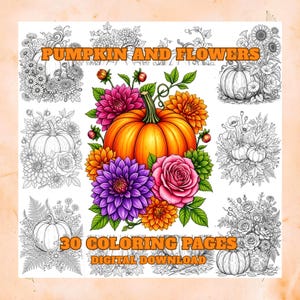 May include: A digital collection of 30 coloring pages titled PUMPKIN AND FLOWERS. The central image features a vibrant orange pumpkin surrounded by purple, pink, and orange dahlias, a pink rose, and green leaves. Surrounding it are black and white line art.