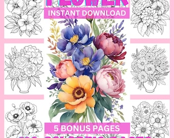 100 Flower Coloring Pages: Botanical Art for Adults & Kids (Digital Download)