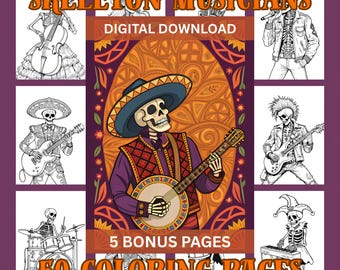 50 Skeleton Musicians Coloring Pages | Сoloring Pages for Adults and Kids | Day of the Dead Coloring | Printable Skeleton | Skull Coloring