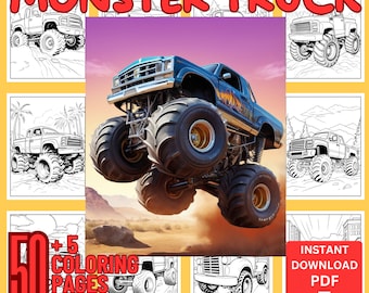 Puede incluir: Un libro para colorear en blanco y negro con un camión monstruo. La portada muestra un camión monstruo azul con neumáticos grandes saltando en el aire. El título del libro es "Monster Truck" y dice "50+5 Páginas para colorear" y "Descarga instantánea PDF".