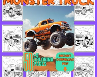 Puede incluir: Un conjunto de más de 50 páginas para colorear con camiones monstruo. La imagen de portada muestra un camión monstruo naranja con neumáticos grandes, saltando en el aire. El texto "INSTANT DOWNLOAD PDF" también es visible.