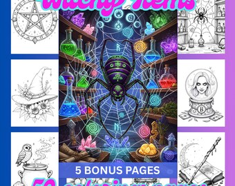 May include: A digital coloring book collection titled Witchy Items featuring 50 coloring pages and 5 bonus pages. The central image shows a large spider on a web surrounded by glowing potion bottles, crystals, and magical symbols in a dark room.