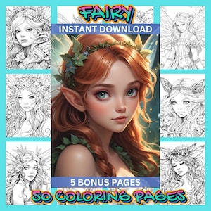 50 Fairy Coloring Pages | Fairies Coloring | Fairy Tale Coloring | Grayscale | Fantasy | Enchanted | Adult Coloring | Instant Download