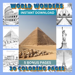 30 World Wonders Coloring Pages | Adult and Kids | Landmarks | Monuments | Famous Place | Famous Architecture | Grayscale | Instant Download