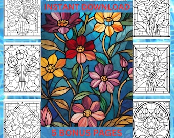Floral Stained Glass Coloring Pages: 50 Flower Designs (Digital Download)