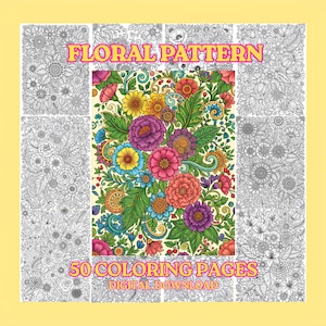 Peut inclure: Un téléchargement numérique d'un livre de coloriage à motifs floraux avec 50 pages. L'image centrale présente un arrangement floral vibrant et coloré avec des fleurs roses, violettes, jaunes et bleues. Autour de l'image centrale se trouvent des motifs floraux en noir et blanc.