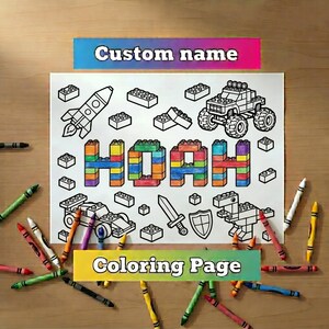 May include: A white coloring page featuring the name HOAH spelled out in colorful block-style letters, surrounded by black and white line art illustrations of a rocket, a monster truck, a sword, a shield, a dinosaur, and various building bricks.