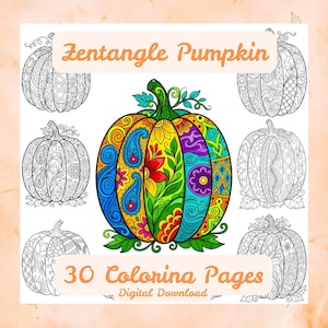 May include: A digital download featuring 30 colouring pages of pumpkins with zentangle patterns. The central pumpkin is coloured in vibrant shades of blue, yellow, orange, red, purple, and green, while the surrounding pumpkins are black and white line art.