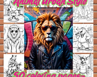 50 Animal Urban Style Coloring Pages | Grayscale Coloring Pages for Kids and Adults | Сute and Funny Animal Scenes | Street Style