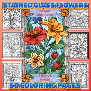 ステンドグラスの花の塗り絵：50種類の花のデザイン（印刷可能なPDF）