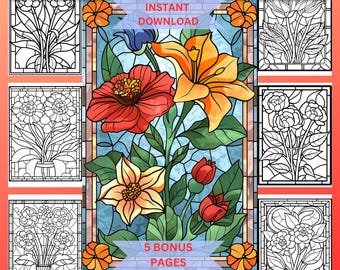 May include: 50 coloring pages featuring stained glass style flower illustrations. The pages include a variety of flowers, including lilies, peonies, and roses.  The illustrations are detailed and intricate, making them perfect for adults and children who enjoy coloring.