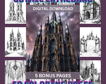 May include: Digital download of a Gothic Cathedral coloring book. The image features a central, detailed illustration of a cathedral with multiple smaller images of cathedrals and architectural elements. Text includes "Gothic Cathedral", "Digital Download", "5 Bonus Pages", and "50 Coloring Pages".