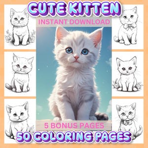 50 Cute Kitten Coloring Pages For Kids and Adults | Grayscale Coloring for Cat Lovers | Cute Animal | Printable PDF | Instant Download