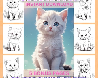 子供と大人のためのかわいい子猫のぬり絵 50 枚 | 猫好きのためのグレースケールぬり絵 | かわいい動物 | 印刷可能な PDF | すぐにダウンロード