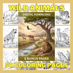 50 Wild Animals Coloring Pages | Grayscale Coloring Pages for Kids and Adults| Cute Animals | Printable Coloring Pages | Digital Download