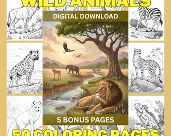 50 Wild Animals Grayscale Coloring Pages: Kids & Adults (Digital Download)