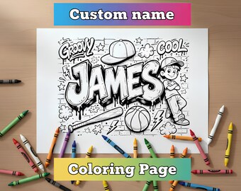 May include: A black and white coloring page with the name "JAMES" in graffiti style, featuring a baseball bat, basketball, and a boy wearing a cap. The words "Groovy" and "Cool" are also present. The words "Custom name" and "Coloring Page" are displayed on the top and bottom.