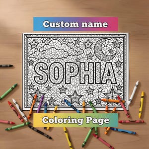 May include: A black and white coloring page with the name "SOPHIA" in large letters, surrounded by stars, clouds, and a crescent moon. The words "Custom name" and "Coloring Page" are also visible. Crayons of various colors are scattered around the page.