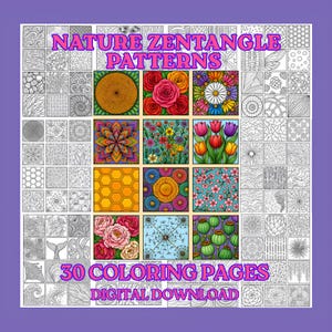 May include: A collection of 30 nature zentangle patterns presented as coloring pages for digital download. The image features a grid of black and white line art designs surrounding a central block of twelve colorful, detailed floral and geometric illustrations.