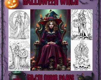 Könnte beinhalten: Ein Cover für ein Malbuch zum Thema Halloween mit dem Text "Halloween Witch" und "50 Coloring Pages". Das Bild zeigt eine zentrale Illustration einer Hexe in einem roten Kleid, umgeben von anderen Illustrationen zum Thema Hexen und einer schwarzen Katze.