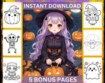 Kawaii Halloween Coloring Pages: 50 Cute Halloween Coloring Pages, Kawaii Coloring Pages, Kids Halloween Activity (Digital Download)