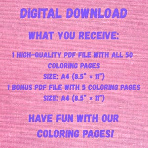 May include: Digital download graphic on a pink background. The text includes "What You Receive:" followed by details about PDF files with coloring pages. The size is A4 (8.5" x 11"). The graphic ends with "Have Fun With Our Coloring Pages!"