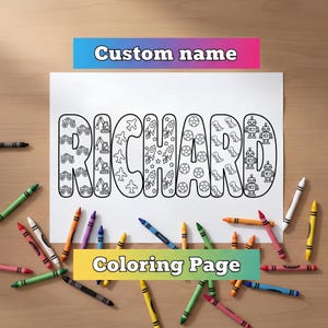 May include: A white coloring page featuring the name RICHARD in large bubble letters, each filled with patterns of monster trucks, excavators, airplanes, rockets, soccer balls, dinosaurs, and robots, surrounded by scattered colorful wax crayons.