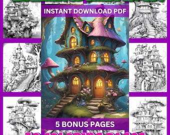 Enchanted Fairy House Coloring Pages: Grayscale Fantasy Art (Printable PDF)