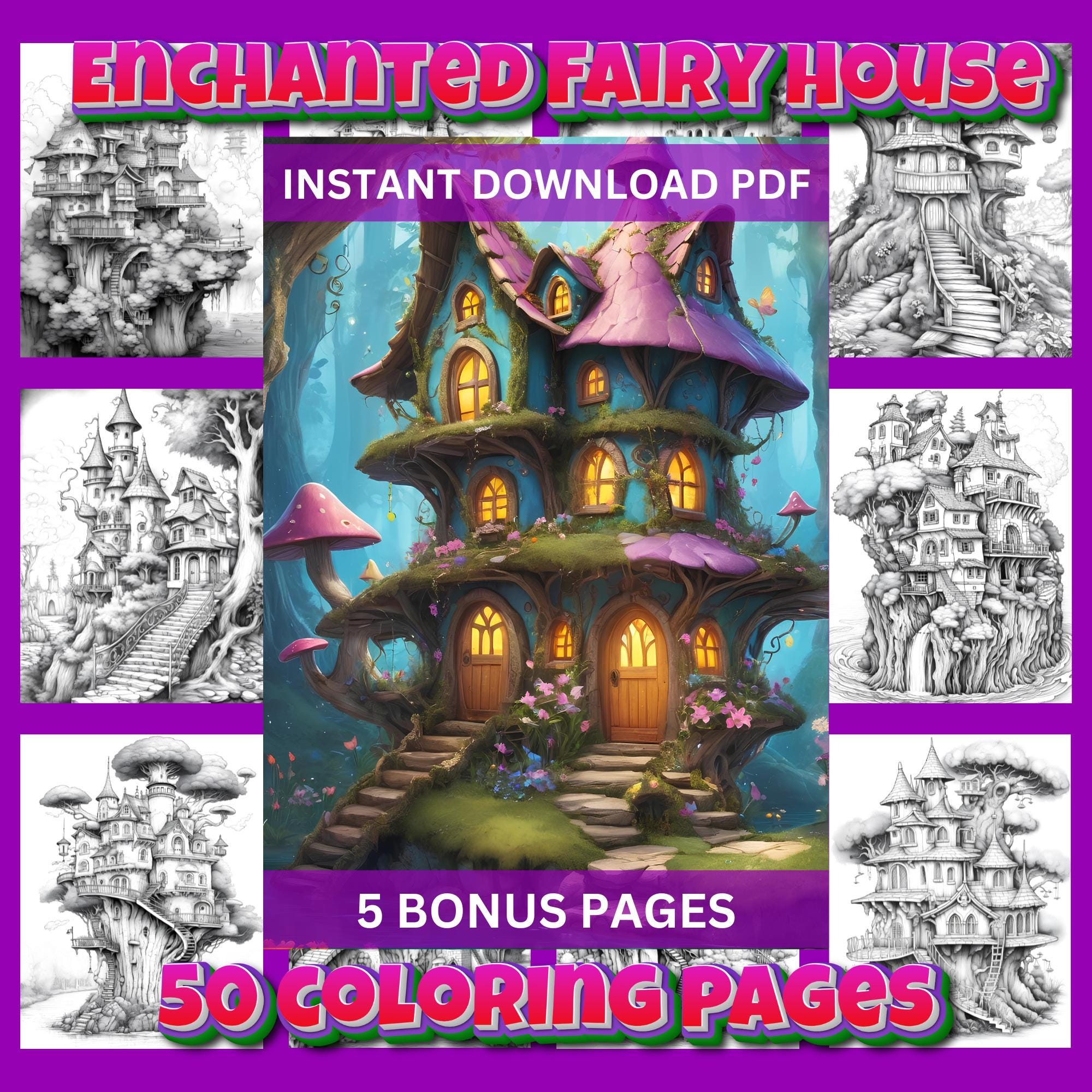 50 Enchanted Fairy House Coloring Pages for Adults Fairy House Coloring ...