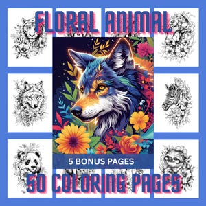 50 Floral Animal Coloring Pages | Grayscale Coloring Pages for Kids and Adults | Cute Animals | Digital Download | Printable Coloring