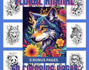 Floral Animal Coloring Pages: Grayscale Art for Kids & Adults (Digital Download)