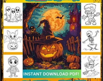 May include: A digital Halloween-themed coloring book cover with the word "HALLOWEEN" in red and yellow. The central image features a jack-o'-lantern wearing a witch's hat, with a full moon and a bat in the background. The text "INSTANT DOWNLOAD PDF!" is also visible.