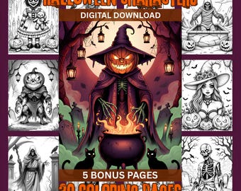 Halloween Characters Coloring Pages: 30 Horror Coloring Pages, Scary Coloring Pages, Adult Coloring Pages (Digital Download)