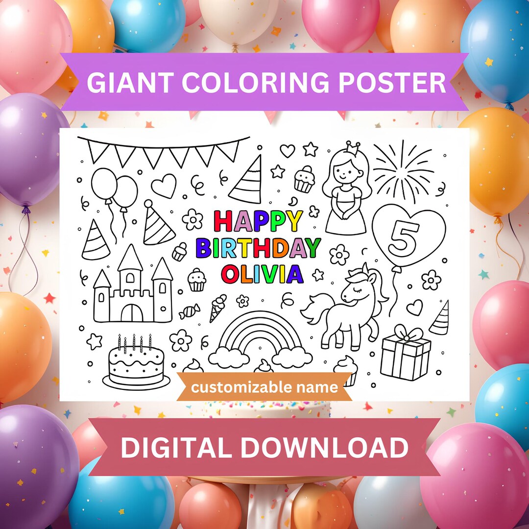 Birthday Giant Coloring Poster: Personalized Kids Party Activity ...