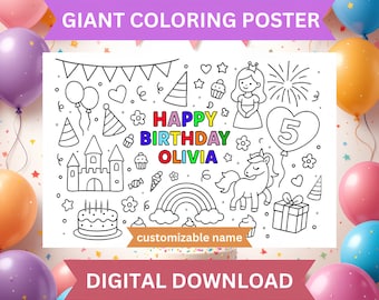 Birthday Giant Coloring Poster: Personalized Kids Party Activity, Birthday Placemat, Large Coloring Page, Custom Coloring (Digital Download)