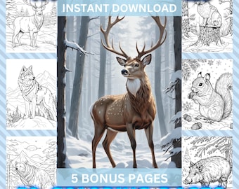 Winter Animals Grayscale Coloring Pages: 50 Unique Designs (Digital Download)