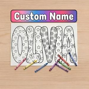 以下が含まれることがあります： さまざまな模様で装飾された、大きなバブル文字で「OLIVIA」という名前が書かれた白い塗り絵。上部のバナーには、カラフルなグラデーションで「Custom Name」と書かれています。さまざまな色のクレヨンがページに散らばっています。