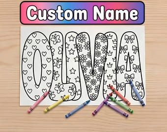 May include: A white coloring page with the name "OLIVIA" in large bubble letters, each decorated with different patterns. The top banner reads "Custom Name" in a colorful gradient. Crayons in various colors are scattered around the page.