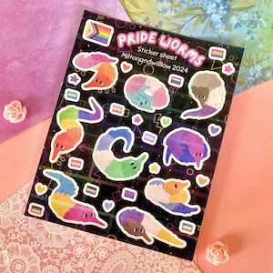Pride Worms Sticker Sheet -Rainbow Holographic Worm on a String Pride Flag LGBTQ+ Stickers