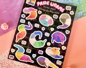 Pride Worms Sticker Sheet -Rainbow Holographic Worm on a String Pride Flag LGBTQ+ Stickers